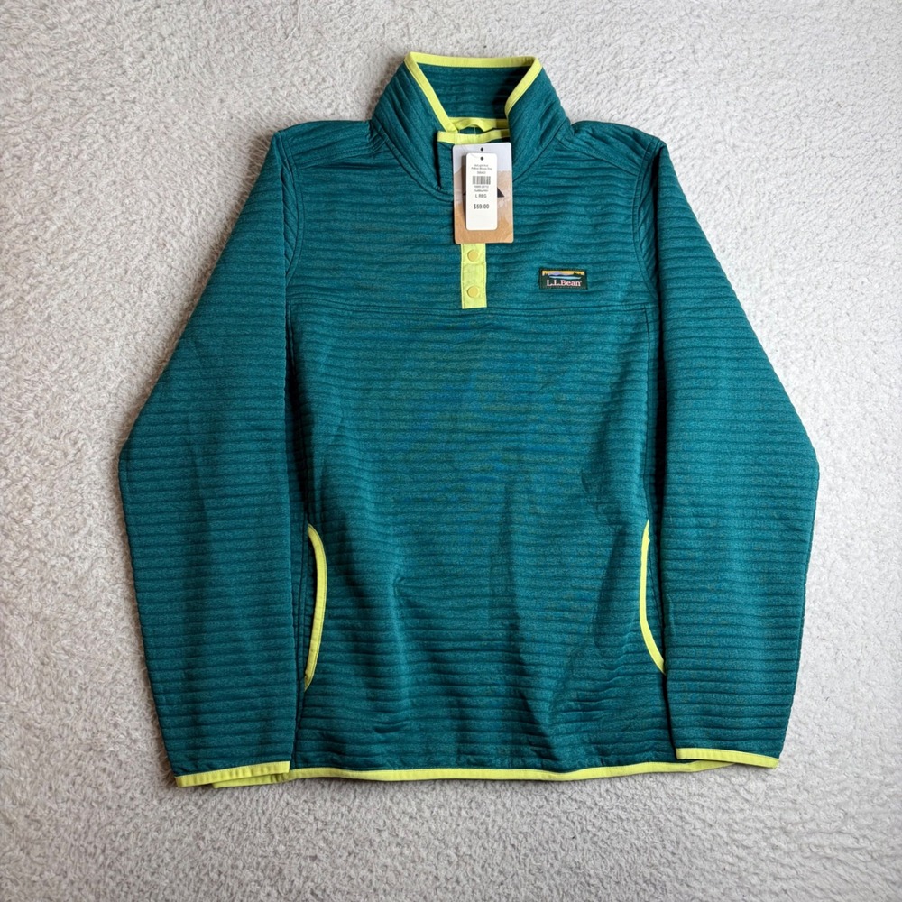 NEW LL Bean Airlight Knit Pullover Teal Blue Heather Quilted Snap Fleece Large